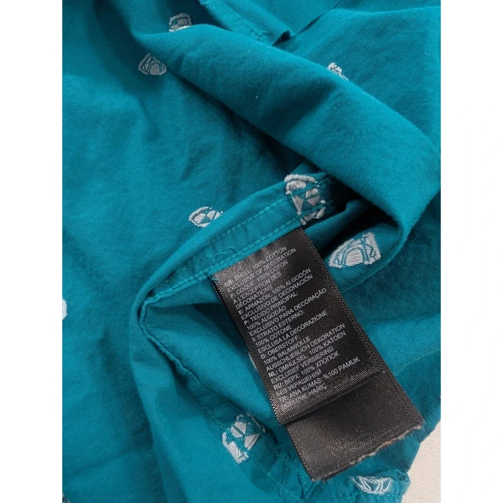 The North Face Button Up Shirt Mens XL Teal Blue AOP Geometric Short Sleeve